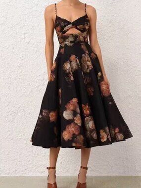 Zimmermann Floral Maxi Dress Black Cutout Belted Chic